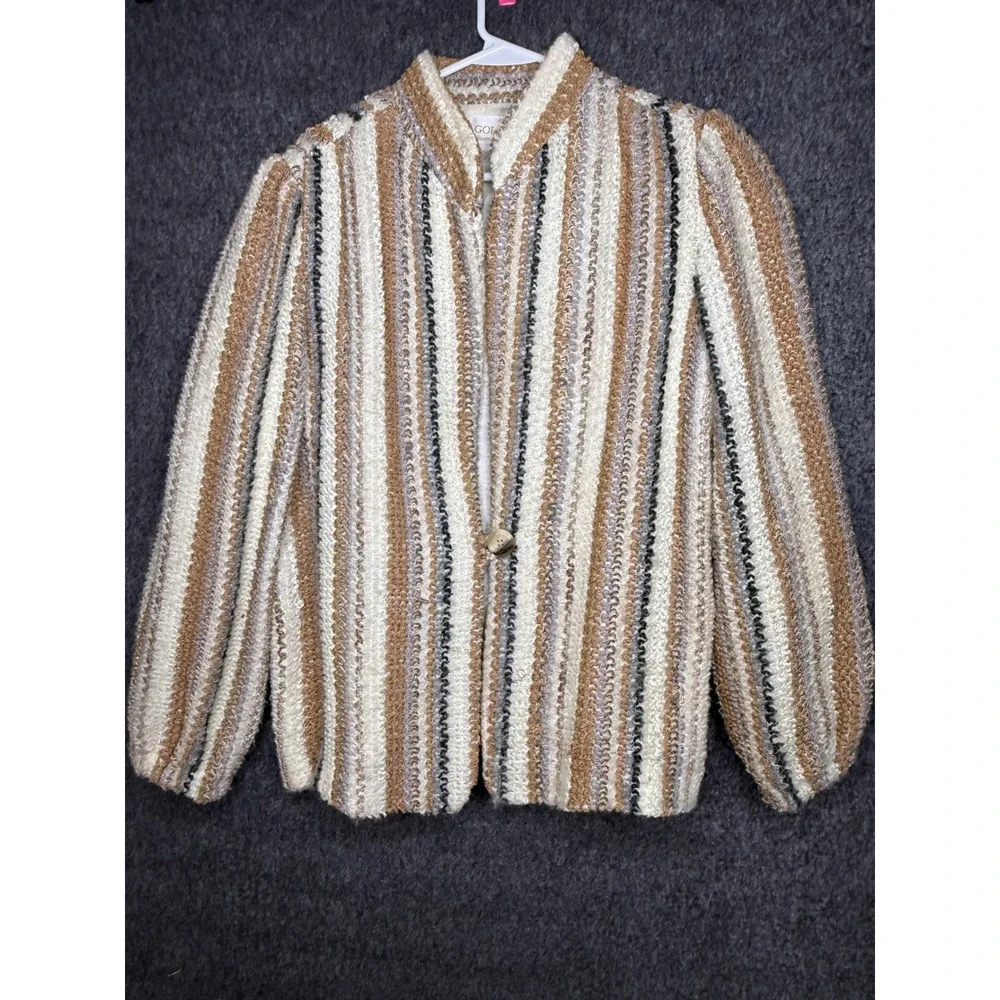 70s D.K. Gold Donnkenny Vintage Stripe Boucle Knit Cardigan Jacket Brown Cream